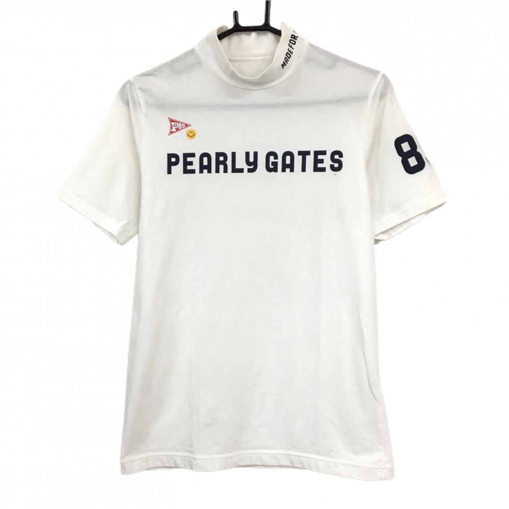 パーリーゲイツ 半袖ハイネックシャツ 白×ネイビー フロントロゴ ニコちゃん スマイル メンズ 4(M) ゴルフウェア PEARLY GATES