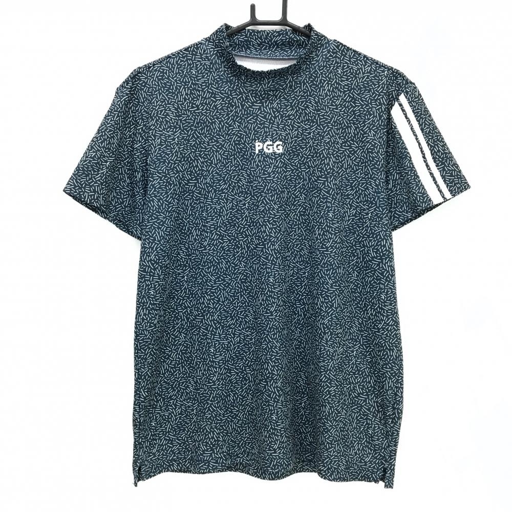 【美品】PGGパーリーゲイツ 半袖ハイネックシャツ ネイビー×白 総柄 袖ライン メンズ 5(L) ゴルフウェア PEARLY GATES