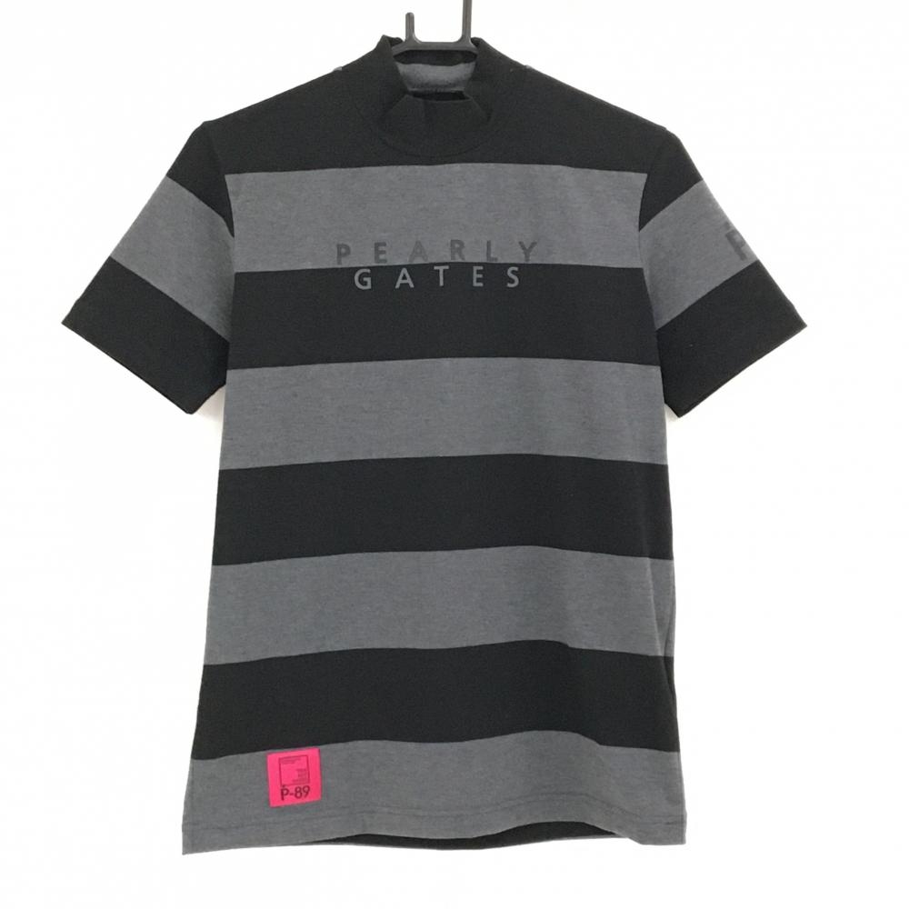 【超美品】パーリーゲイツ 半袖ハイネックシャツ 黒×グレー ボーダー フロントロゴ メンズ 3(S) ゴルフウェア PEARLY GATES