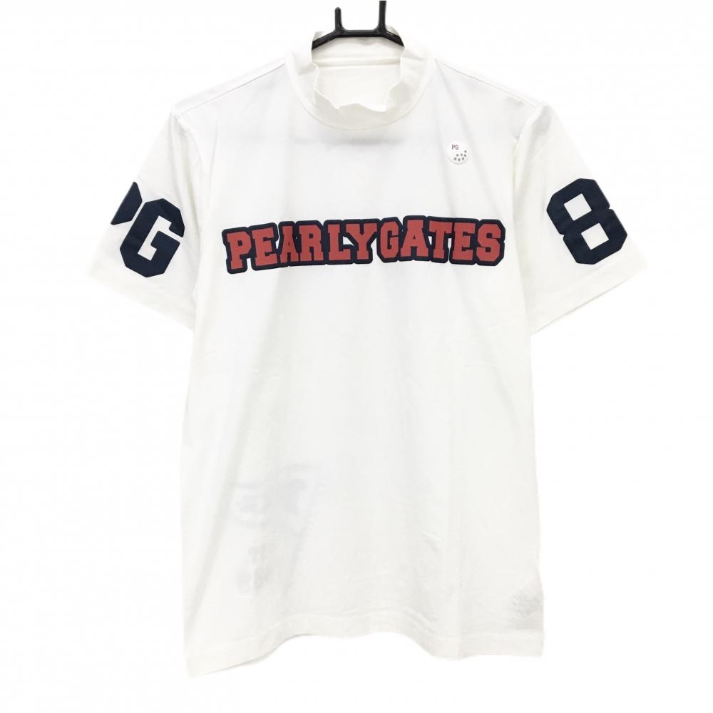 【新品】パーリーゲイツ 半袖ハイネックシャツ 白×ネイビー フロントロゴ  メンズ 5(L) ゴルフウェア PEARLY GATES