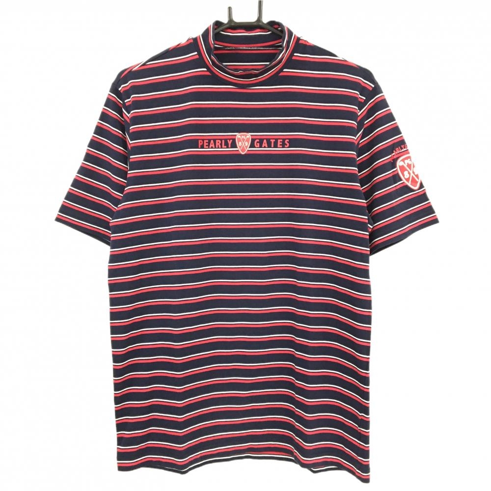 【超美品】パーリーゲイツ 半袖ハイネックシャツ ネイビー×レッド×白 ボーダー ストレッチ メンズ 4(M) ゴルフウェア PEARLY GATES