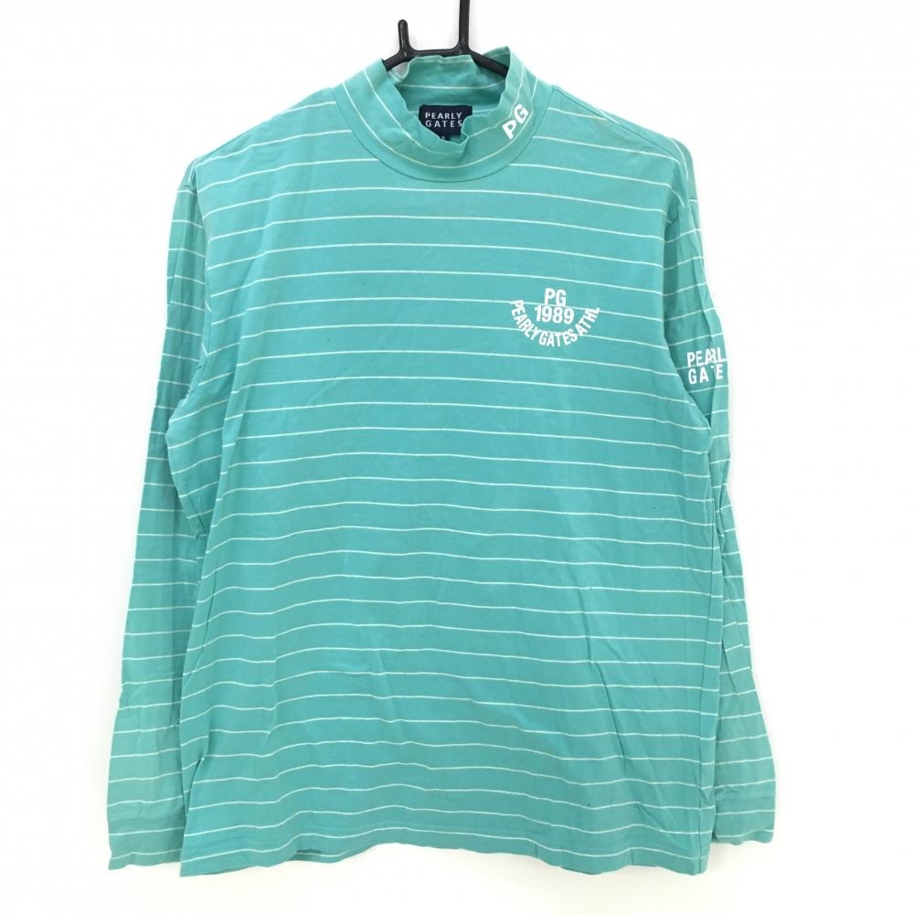 パーリーゲイツ 長袖ハイネックシャツ ライトブルー×白 ボーダー ロゴプリント メンズ 5(L) ゴルフウェア PEARLY GATES