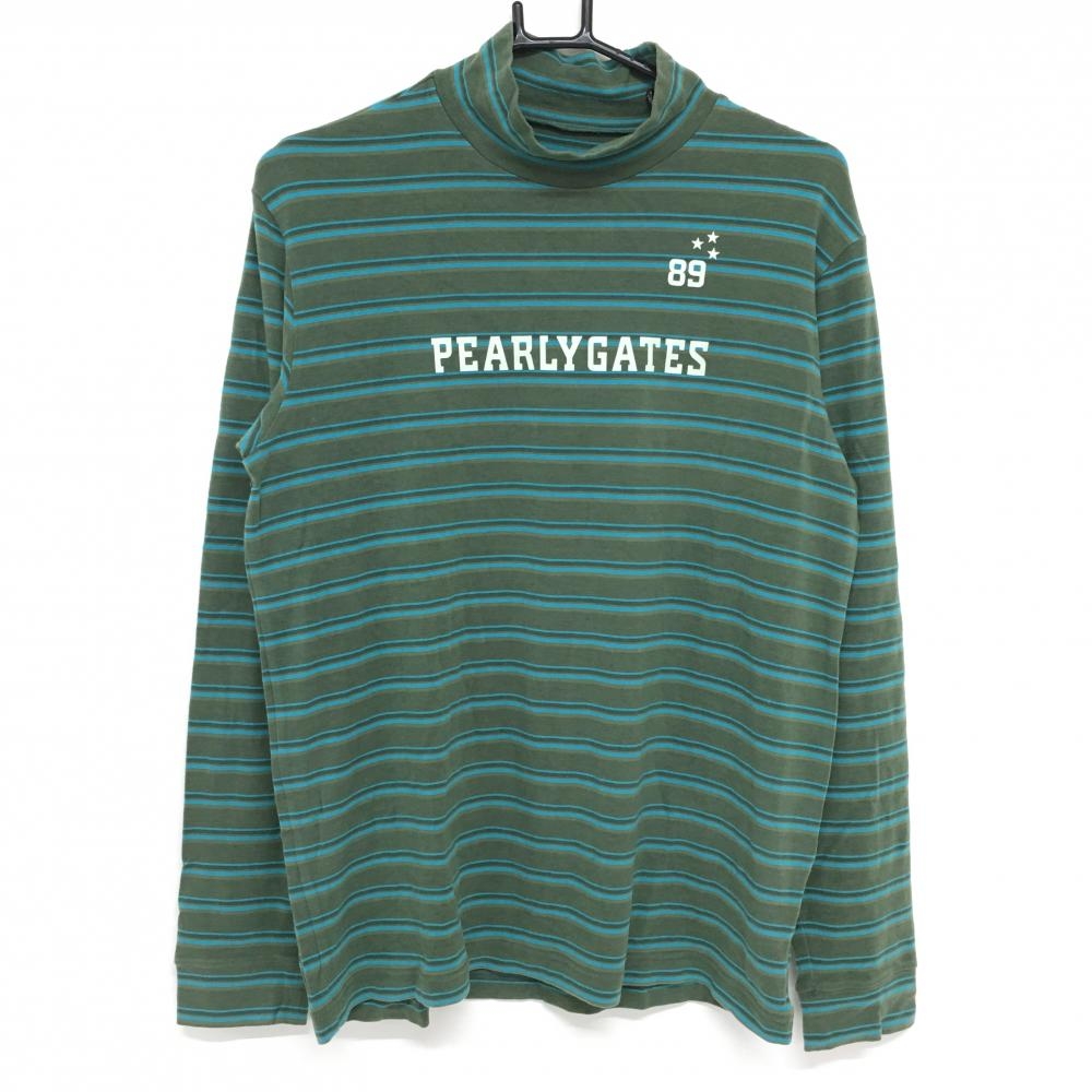 パーリーゲイツ 長袖ハイネックシャツカーキ×ライトブルー ボーダー 表微起毛  メンズ 5(L) ゴルフウェア PEARLY GATES