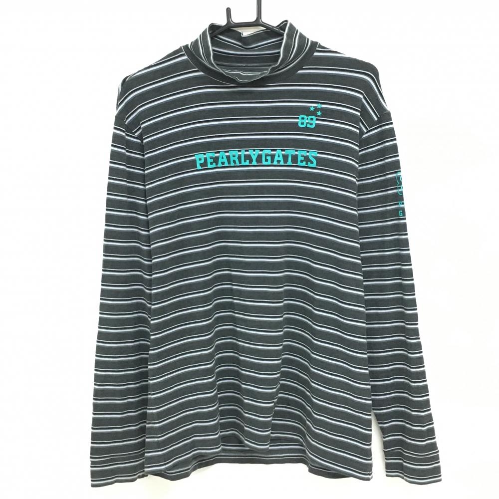 【美品】パーリーゲイツ 長袖ハイネックシャツ ダークグレー×黒 ボーダー 表微起毛 アクリル混 メンズ 6(XL) ゴルフウェア PEARLY GATES