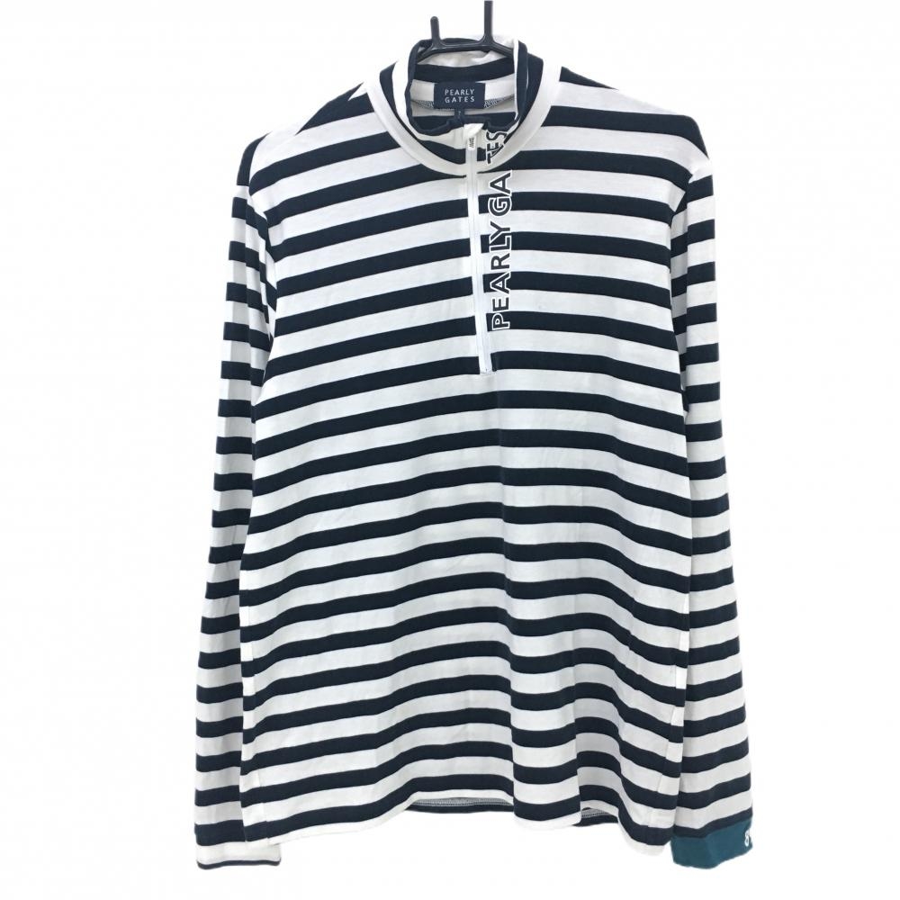 【美品】パーリーゲイツ 長袖ハイネックシャツ 白×ネイビー ボーダー アクリル混 ハーフジップ メンズ 7(2XL) ゴルフウェア PEARLY GATES