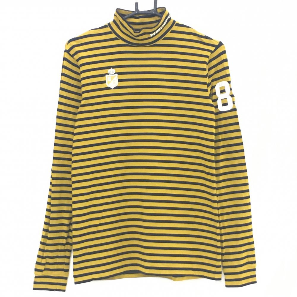 【超美品】パーリーゲイツ 長袖ハイネックシャツ イエローブラウン×黒 ボーダー メンズ 5(L) ゴルフウェア PEARLY GATES