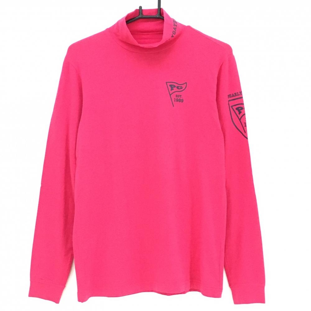 【美品】パーリーゲイツ 長袖ハイネックシャツ ピンク×ネイビー 表微起毛 コットン混  メンズ 4(M) ゴルフウェア PEARLY GATES