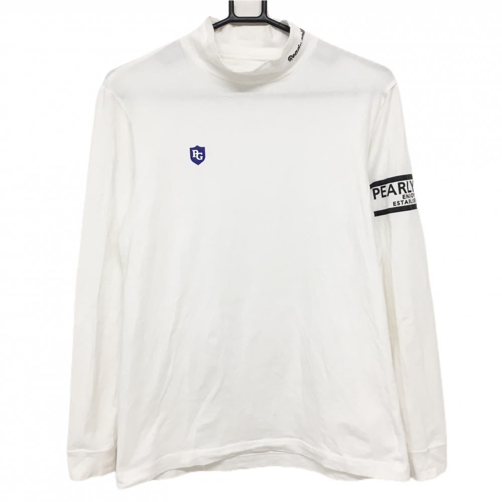 【美品】パーリーゲイツ 長袖ハイネックシャツ 白×ダークネイビー 袖ロゴプリント メンズ 4(M) ゴルフウェア PEARLY GATES