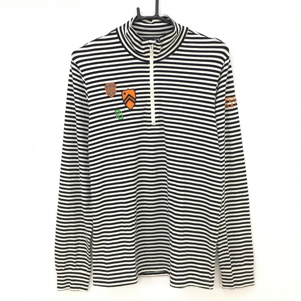 【美品】パーリーゲイツ 長袖ハイネックシャツ 白×黒 ボーダー 表微起毛 ハーフジップ メンズ 5(L) ゴルフウェア PEARLY GATES