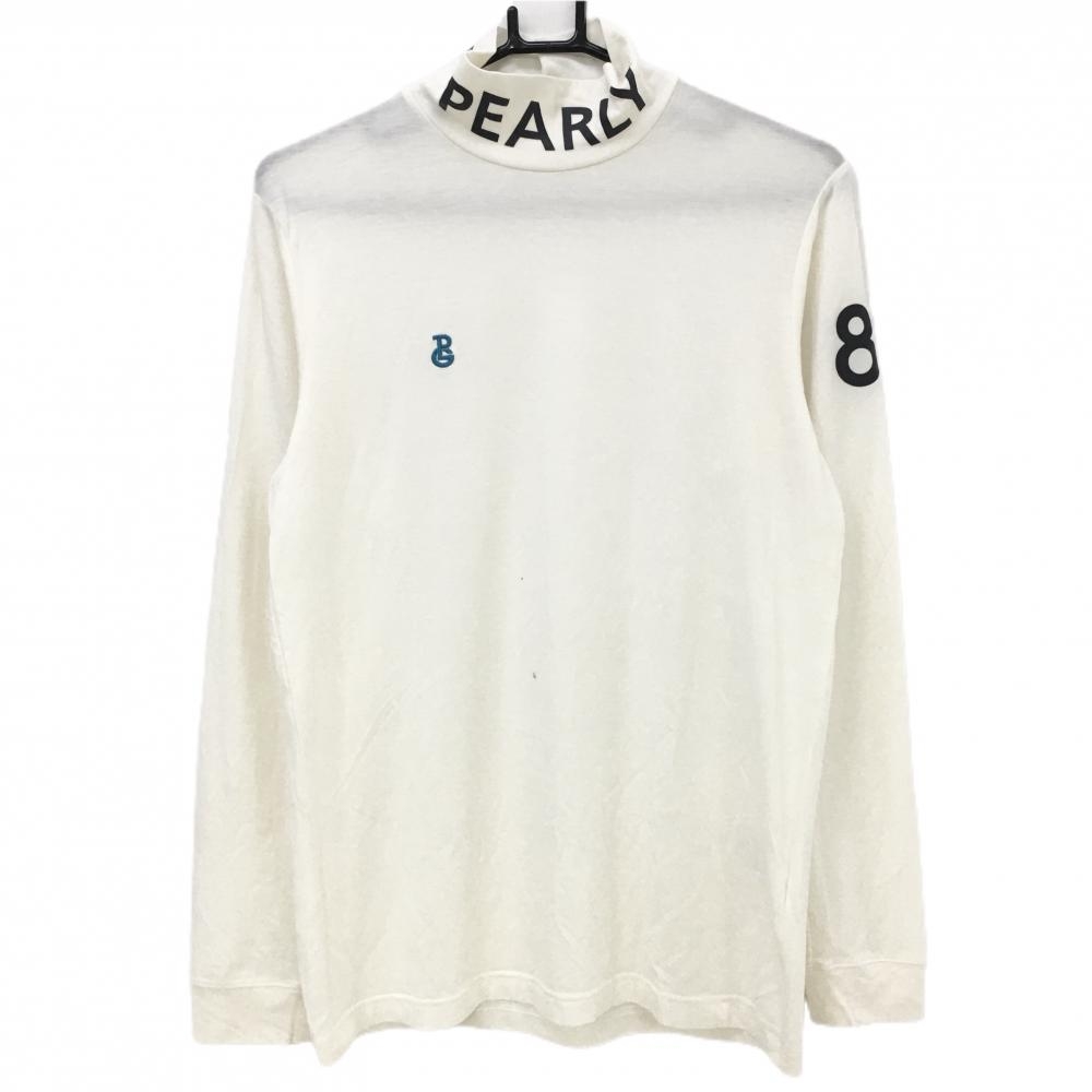 【美品】パーリーゲイツ 長袖ハイネックシャツ 白 ネックロゴネイビー メンズ 5(L) ゴルフウェア PEARLY GATES