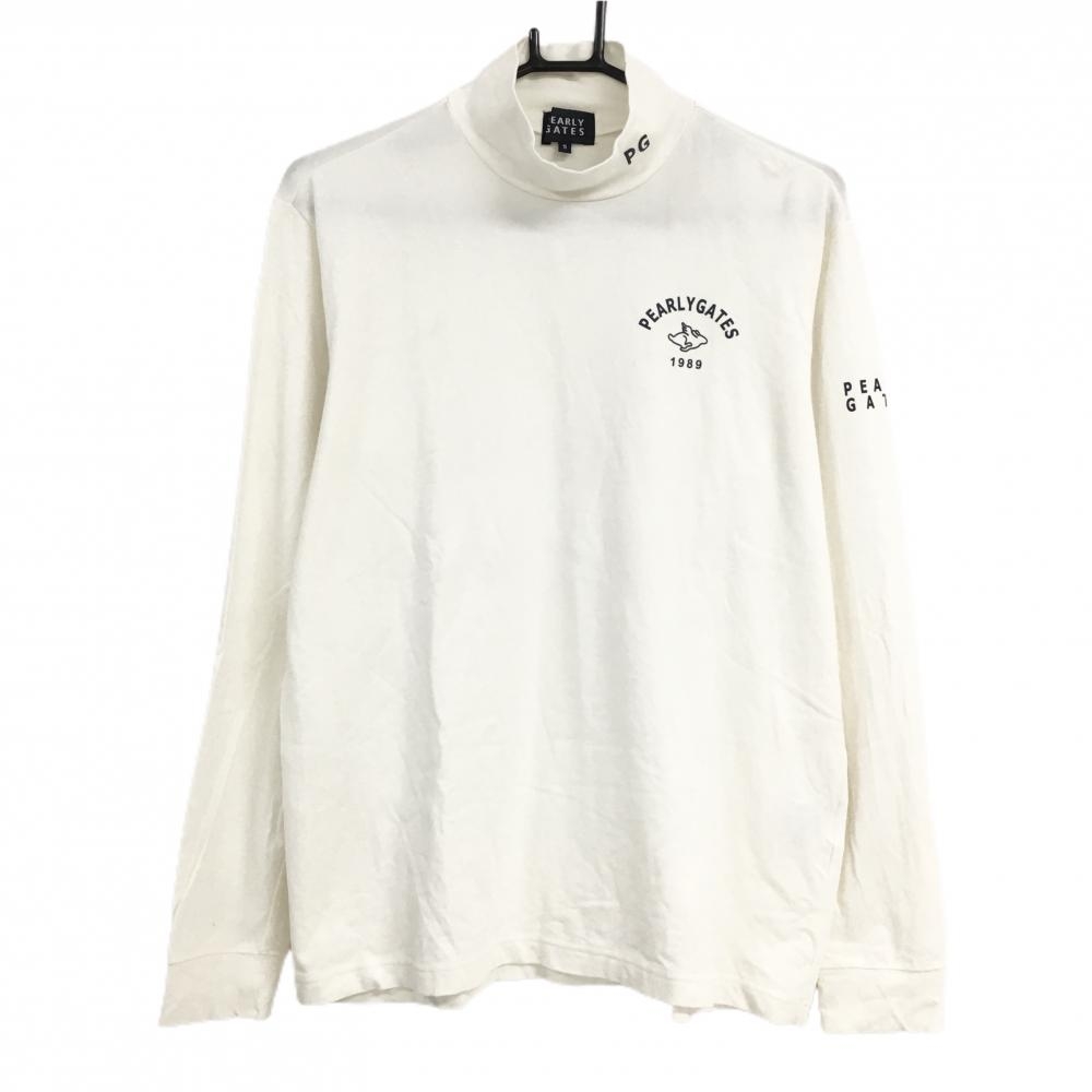 【超美品】パーリーゲイツ 長袖ハイネックシャツ 白 ロゴネイビー フライングラビット メンズ 5(L) ゴルフウェア PEARLY GATES