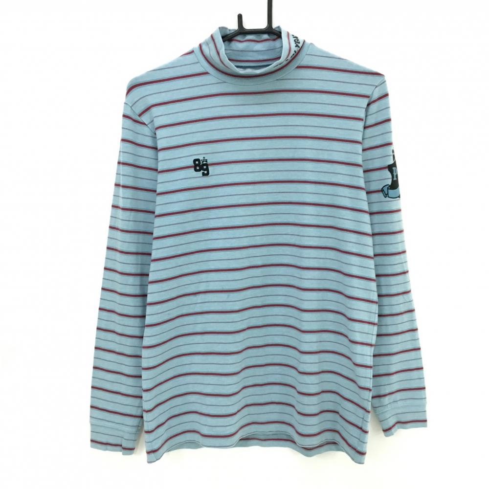 パーリーゲイツ 長袖ハイネックシャツ ライトブルー×レッド ボーダー 表微起毛  メンズ L ゴルフウェア PEARLY GATES