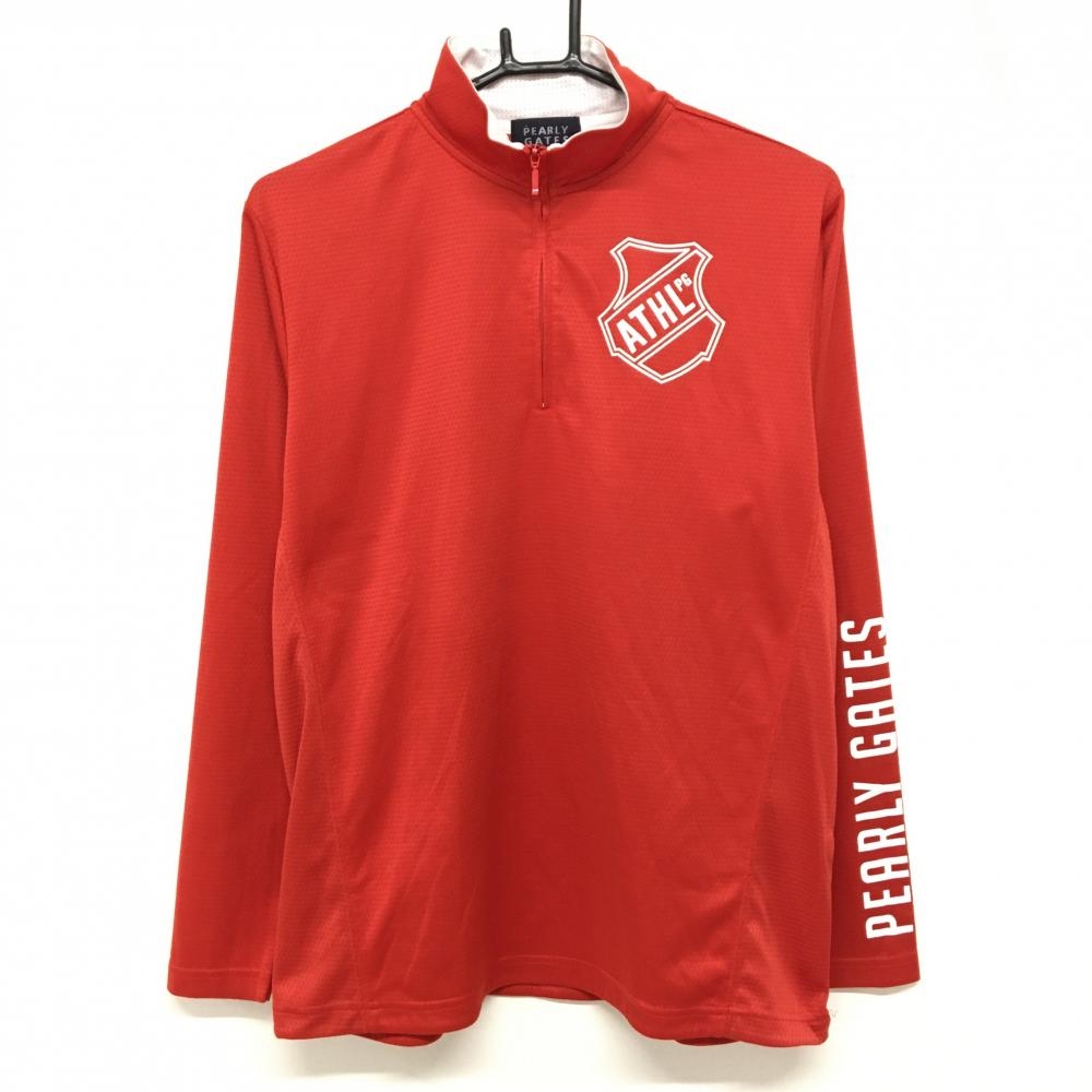 【超美品】パーリーゲイツ 長袖ハイネックシャツ レッド 地模様 ロゴ白 ハーフジップ メンズ 3(S) ゴルフウェア PEARLY GATES