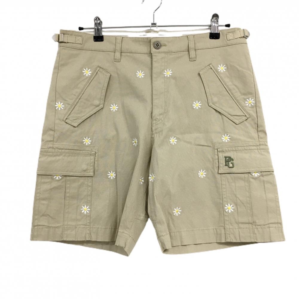 【超美品】パーリーゲイツ カーゴハーフパンツ ベージュ×白 花刺しゅう総柄 ストレッチ メンズ 5(L) ゴルフウェア PEARLY GATES