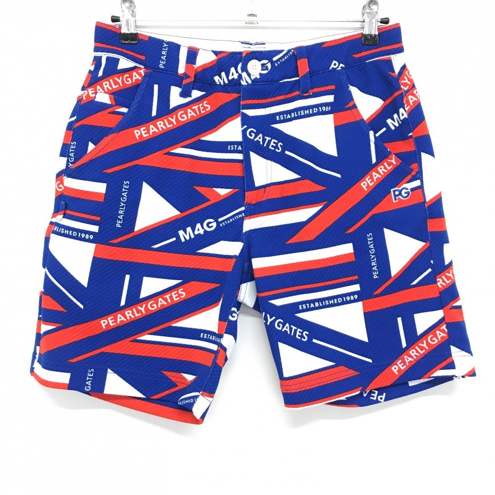 【美品】パーリーゲイツ ハーフパンツ ブルー×レッド ユニオンジャック柄 織生地 メンズ 4(M) ゴルフウェア 2022年モデル PEARLY GATES