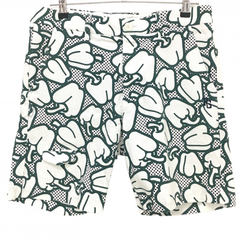 【超美品】パーリーゲイツ ハーフパンツ 白×グリーン ピーマン総柄 ドット ストレッチ メンズ 5(L) ゴルフウェア PEARLY GATES