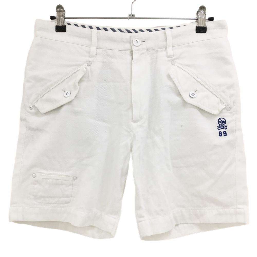 パーリーゲイツ ハーフパンツ 白 麻混 ウエスト裏斜めストライプ スカル メンズ 4(M) ゴルフウェア PEARLY GATES