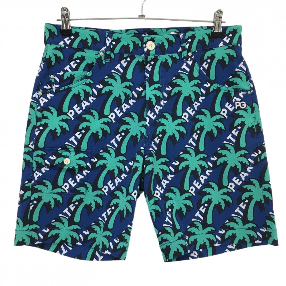 【新品】パーリーゲイツ ハーフパンツ ブルー×グリーン ヤシの木柄 サッカー生地 プラスクール メンズ 4(M) ゴルフウェア PEARLY GATES
