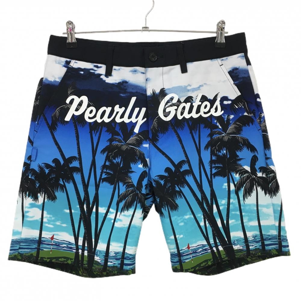 【新品】パーリーゲイツ ハーフパンツ ライトブルー×黒 ヤシの木 ロゴ メンズ 5(L) ゴルフウェア PEARLY GATES