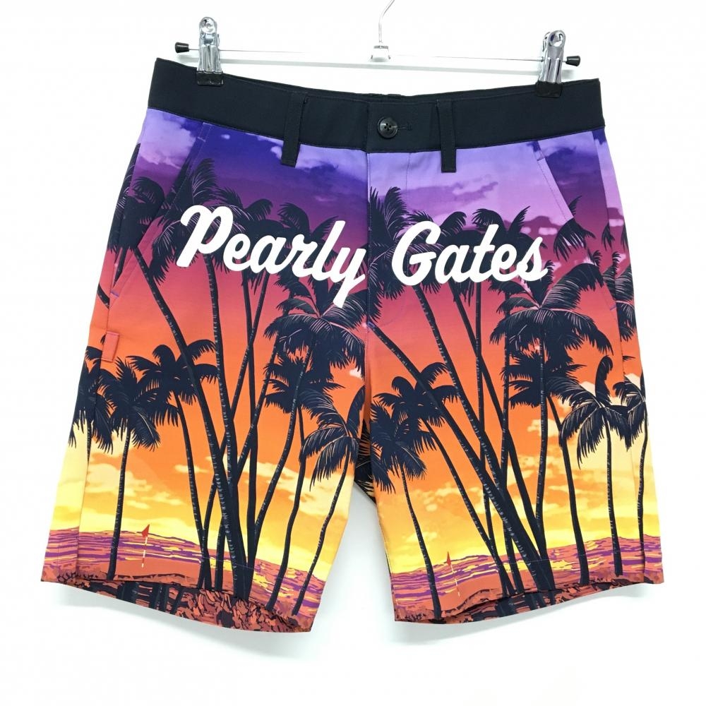 【新品】パーリーゲイツ ハーフパンツ オレンジ系×パープル ヤシの木柄 メンズ 4(M) ゴルフウェア PEARLY GATES