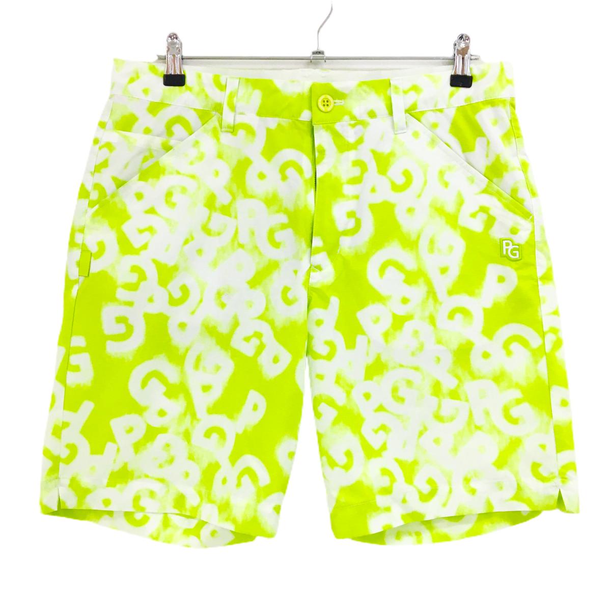 【美品】パーリーゲイツ ハーフパンツ ライムグリーン系×白 英字ロゴ総柄  メンズ 6(XL) ゴルフウェア 2025年モデル PEARLY GATES