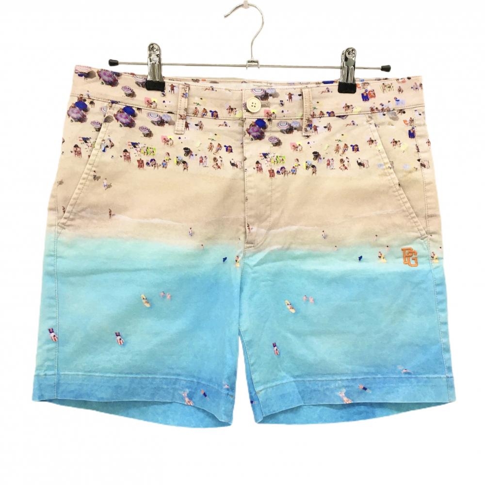 【美品】パーリーゲイツ ハーフパンツ ライトブルー×ベージュ 総柄 ビーチ メンズ 5(L) ゴルフウェア PEARLY GATES