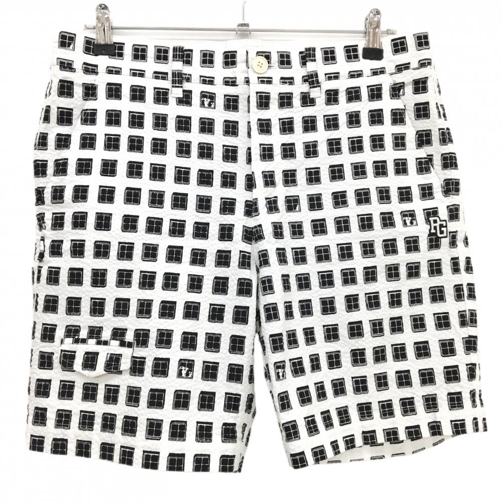 【超美品】パーリーゲイツ ハーフパンツ 白×ネイビー 総柄 サッカー調生地 ストレッチ メンズ 4(M) ゴルフウェア PEARLY GATES
