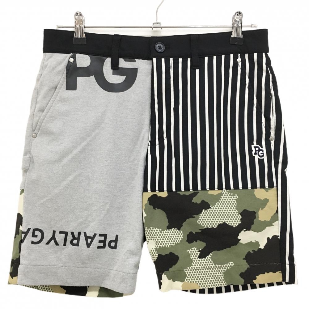【美品】パーリーゲイツ ハーフパンツ グレー×ネイビー 一部ストライプ カモフラ柄 メンズ 4(M) ゴルフウェア PEARLY GATES