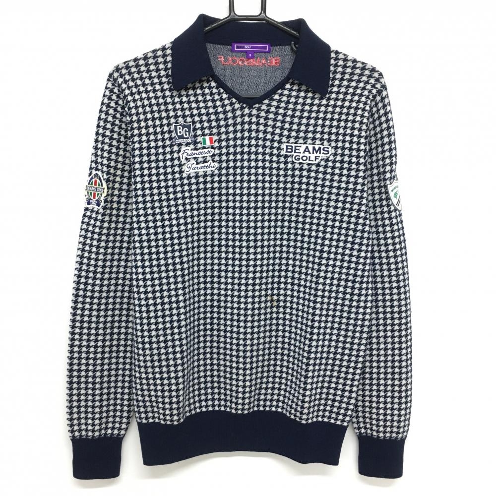 ビームスゴルフ 襟付セーター ネイビー×白 千鳥格子 ニット ウール100％  メンズ S ゴルフウェア BEAMS GOLF