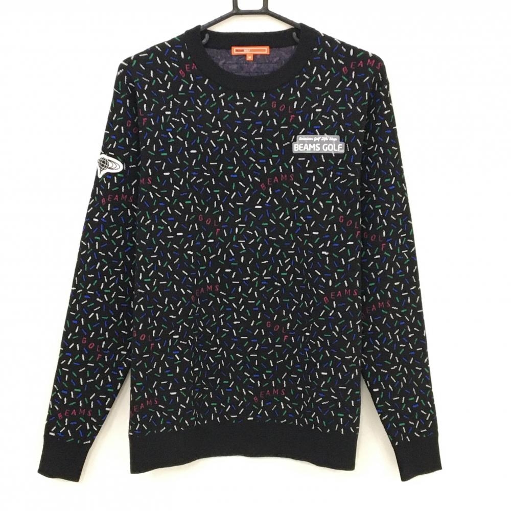 【超美品】ビームスゴルフ セーター 黒×白 総柄 シリコンワッペン ニット ウール混 メンズ M ゴルフウェア BEAMS GOLF