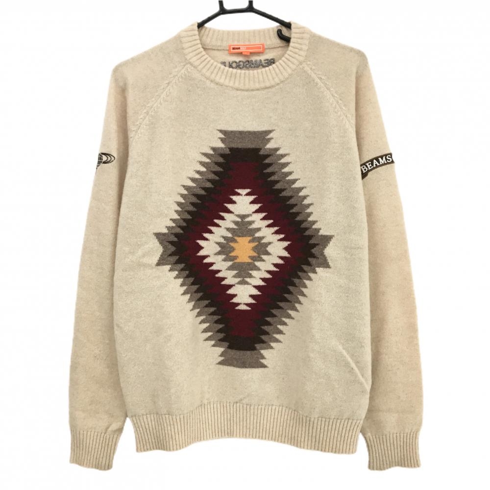 【美品】ビームスゴルフ セーター ベージュ×ブラウン ウール混 袖ロゴ ニット メンズ L ゴルフウェア BEAMS GOLF