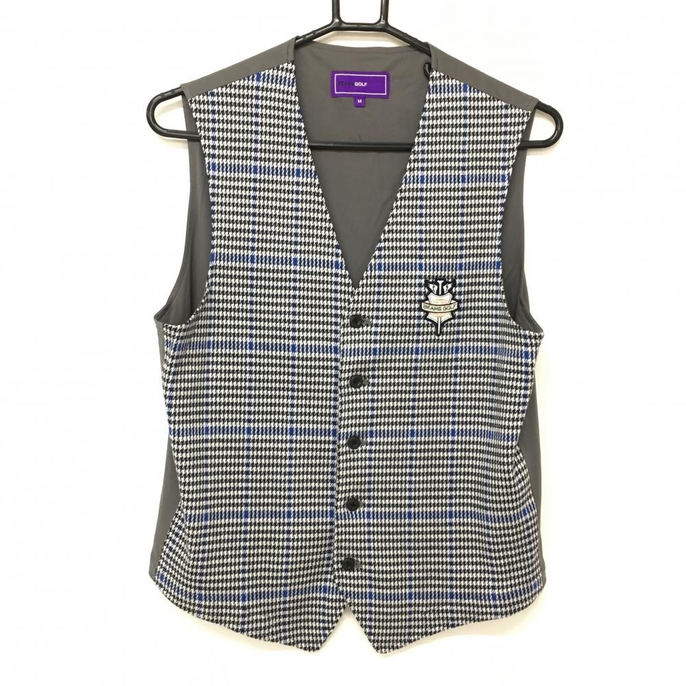 【超美品】ビームスゴルフ 切替ベスト 白×黒×グレー 前面グレンチェック 前ボタン メンズ M ゴルフウェア BEAMS GOLF