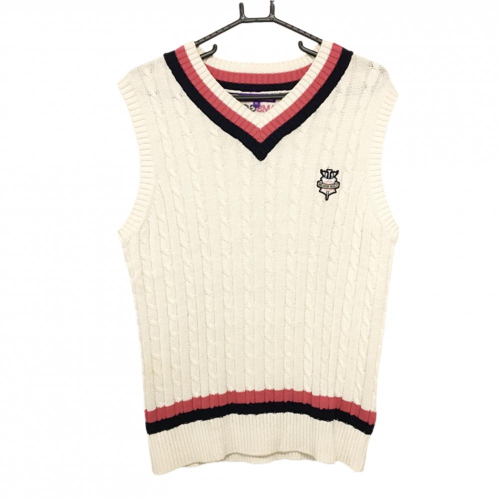 【美品】ビームスゴルフ ニットベスト アイボリー×ピンク×ネイビー ケーブル編み Vネック 綿100％ メンズ XL ゴルフウェア BEAMS GOLF