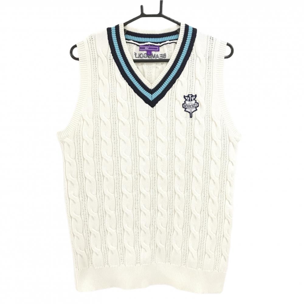 【美品】ビームスゴルフ ニットベスト アイボリー×ネイビー ケーブル編み ワッペン メンズ L ゴルフウェア BEAMS GOLF