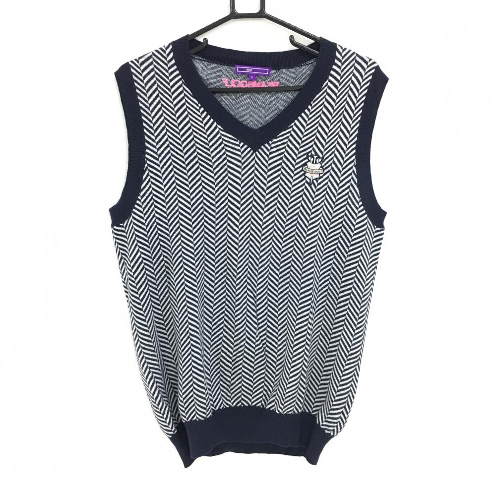 【美品】ビームスゴルフ ニットベスト ネイビー×白 Vネック ヘリンボーン  メンズ L ゴルフウェア BEAMS GOLF