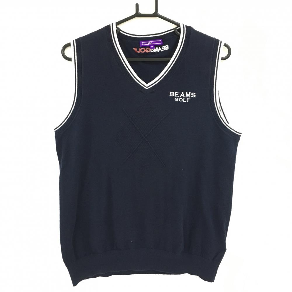 ビームスゴルフ ニットベスト ネイビー×白 カシミヤ混 アーガイル メンズ M ゴルフウェア BEAMS GOLF