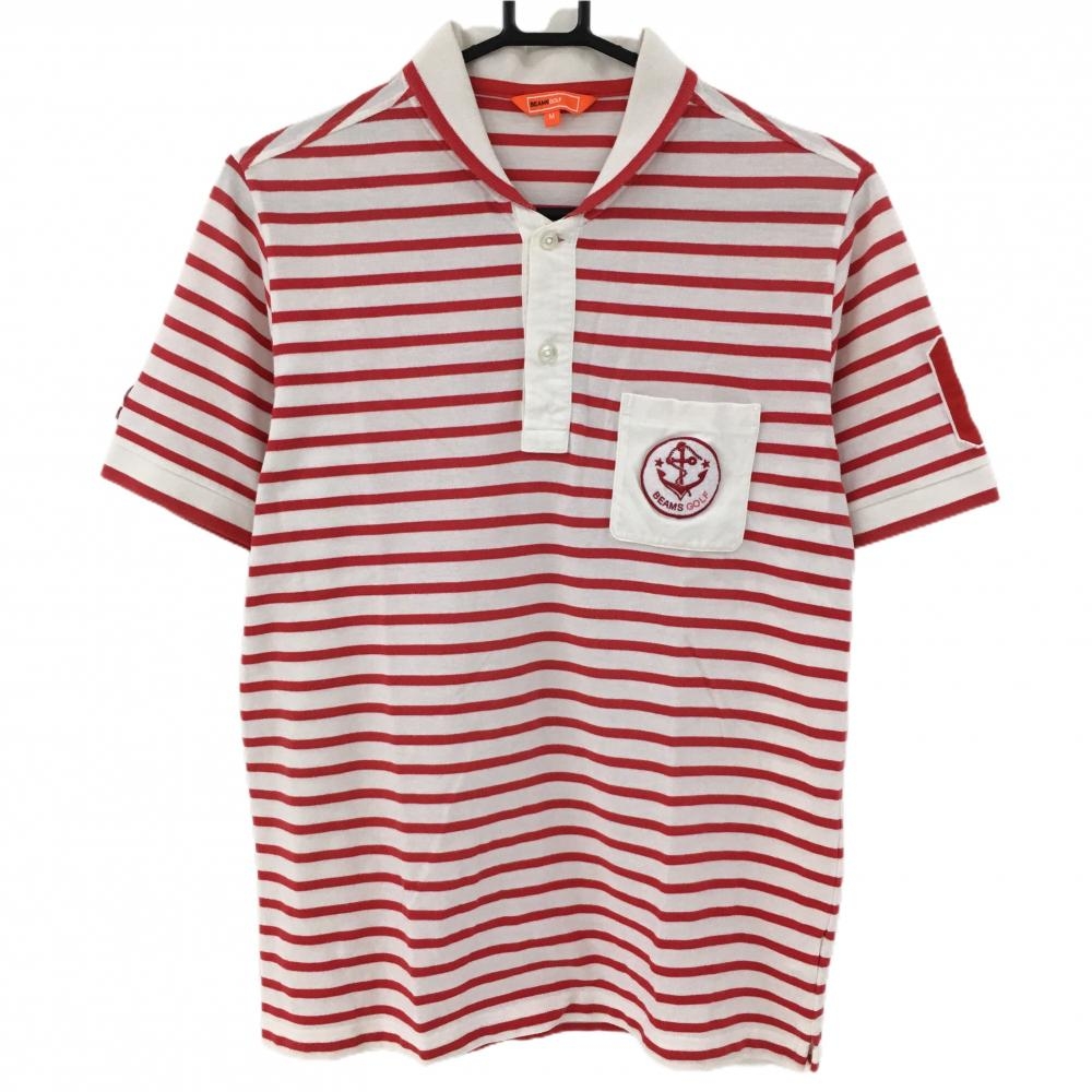 ビームスゴルフ 半袖ポロシャツ レッド×白 ボーダー ポケット刺しゅう メンズ M ゴルフウェア BEAMS GOLF