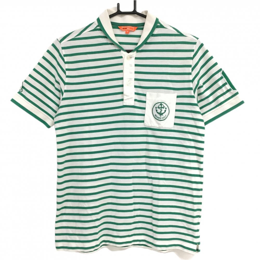 ビームスゴルフ 半袖ポロシャツ レッグリーン×白 ボーダー ポケット刺しゅう メンズ M ゴルフウェア BEAMS GOLF