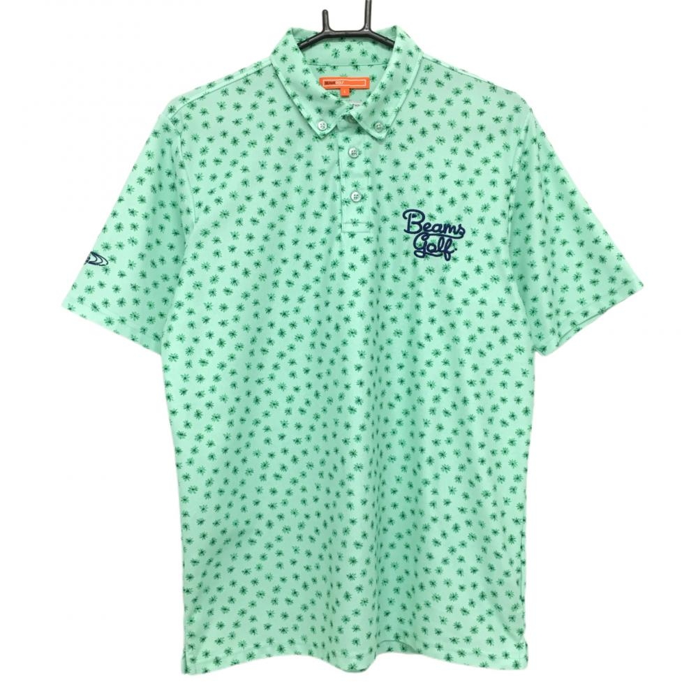 【超美品】ビームスゴルフ 半袖ポロシャツ ライトグリーン×ネイビー 花柄 ボタンダウン メンズ L ゴルフウェア BEAMS GOLF 画像