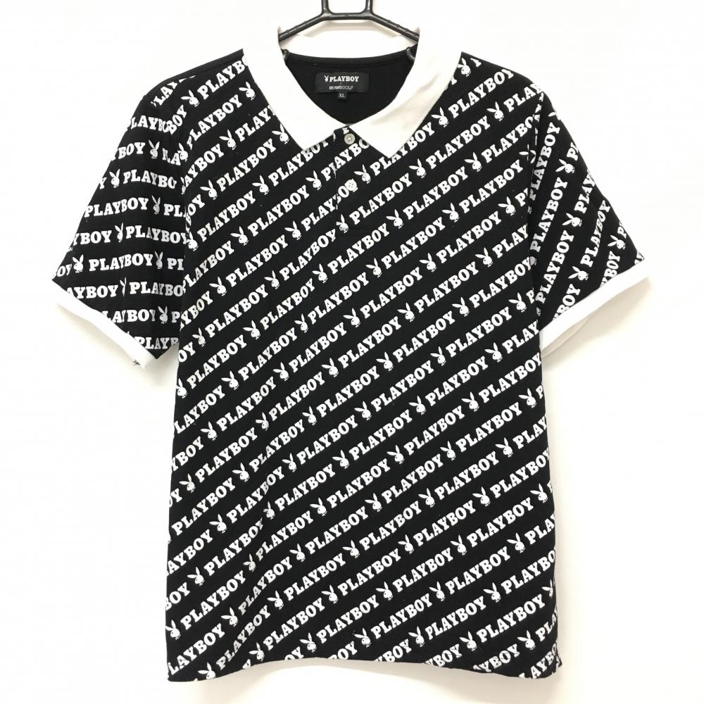 ビームスゴルフ×PLAY BOY 半袖ポロシャツ 黒×白 前ロゴ総柄  メンズ XL ゴルフウェア BEAMS GOLF 画像