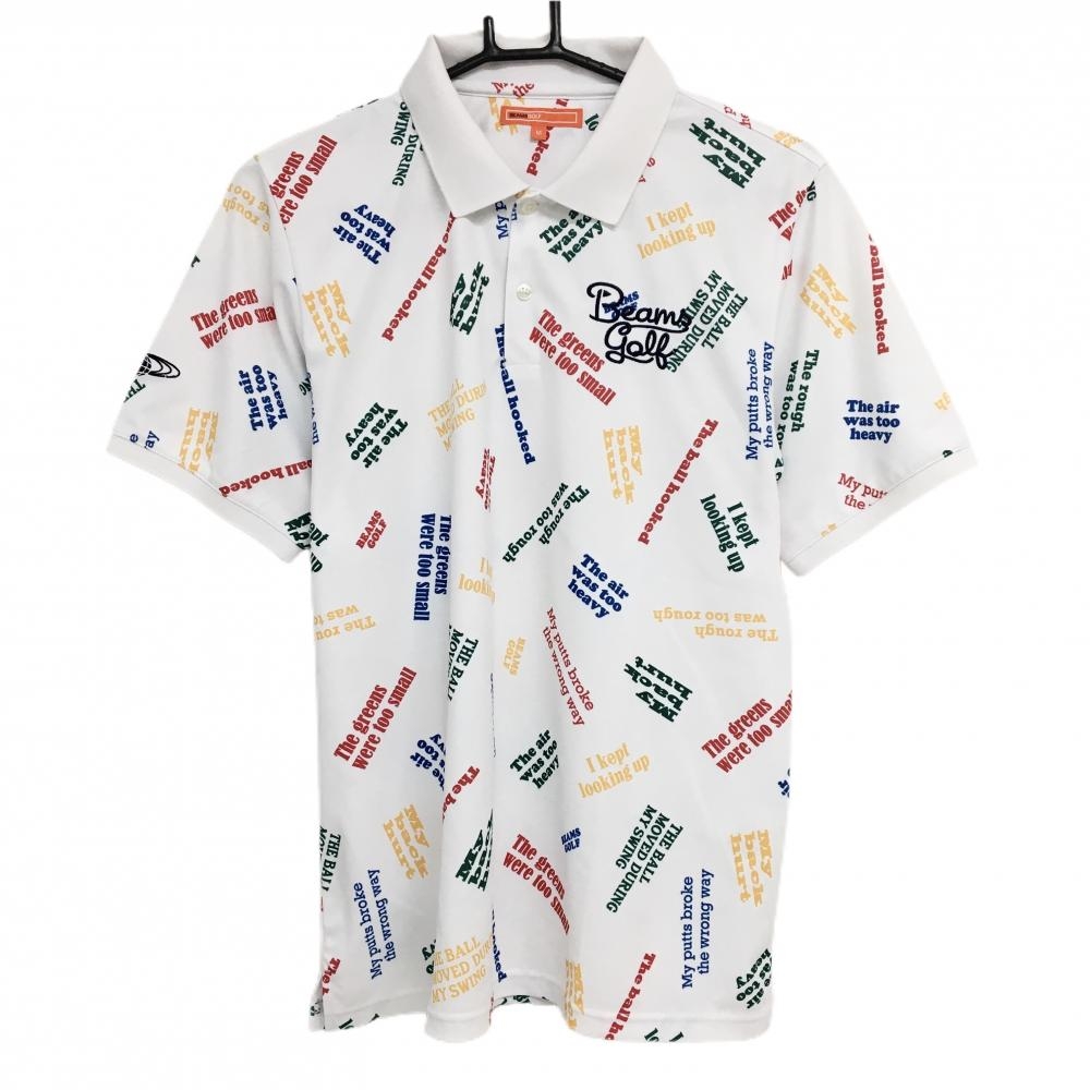 【美品】ビームスゴルフ 半袖ポロシャツ 白×マルチ 英字総柄 メンズ M ゴルフウェア BEAMS GOLF