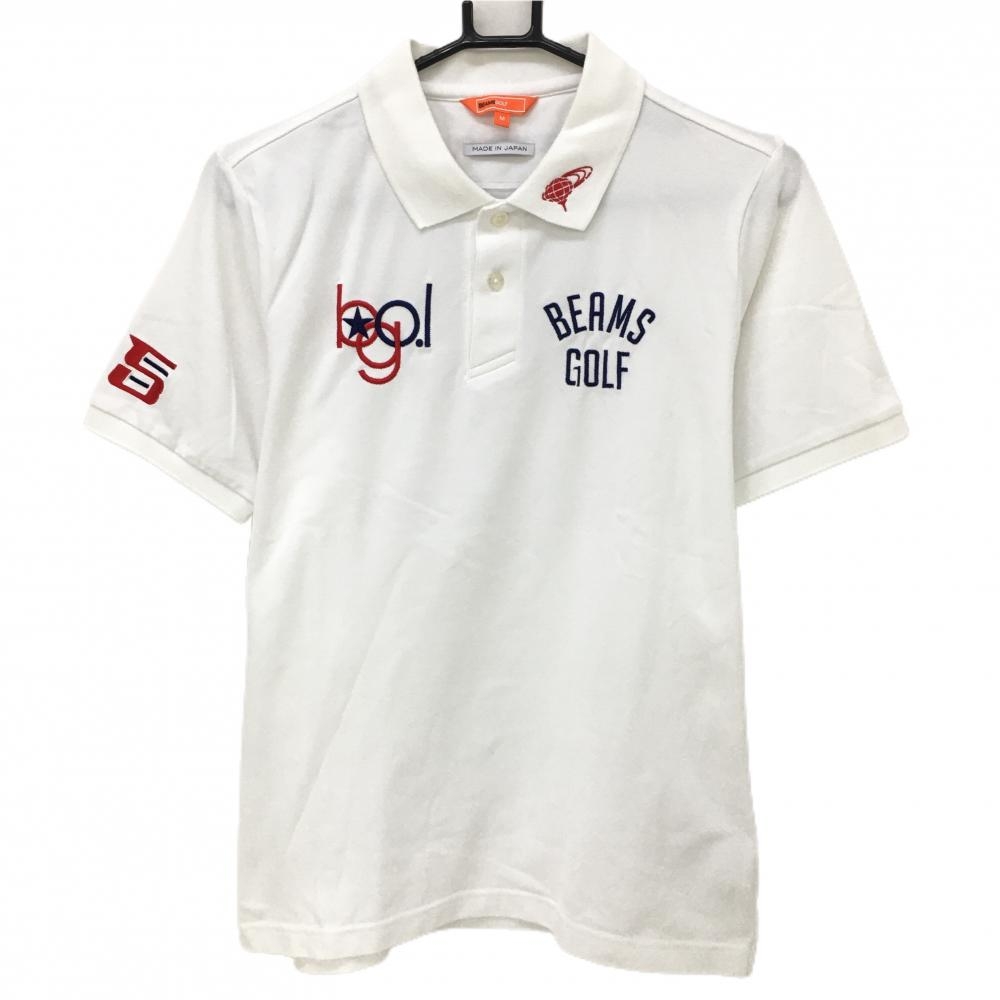 【美品】ビームスゴルフ 半袖ポロシャツ 白×レッド ロゴ刺しゅう複数 メンズ M ゴルフウェア BEAMS GOLF