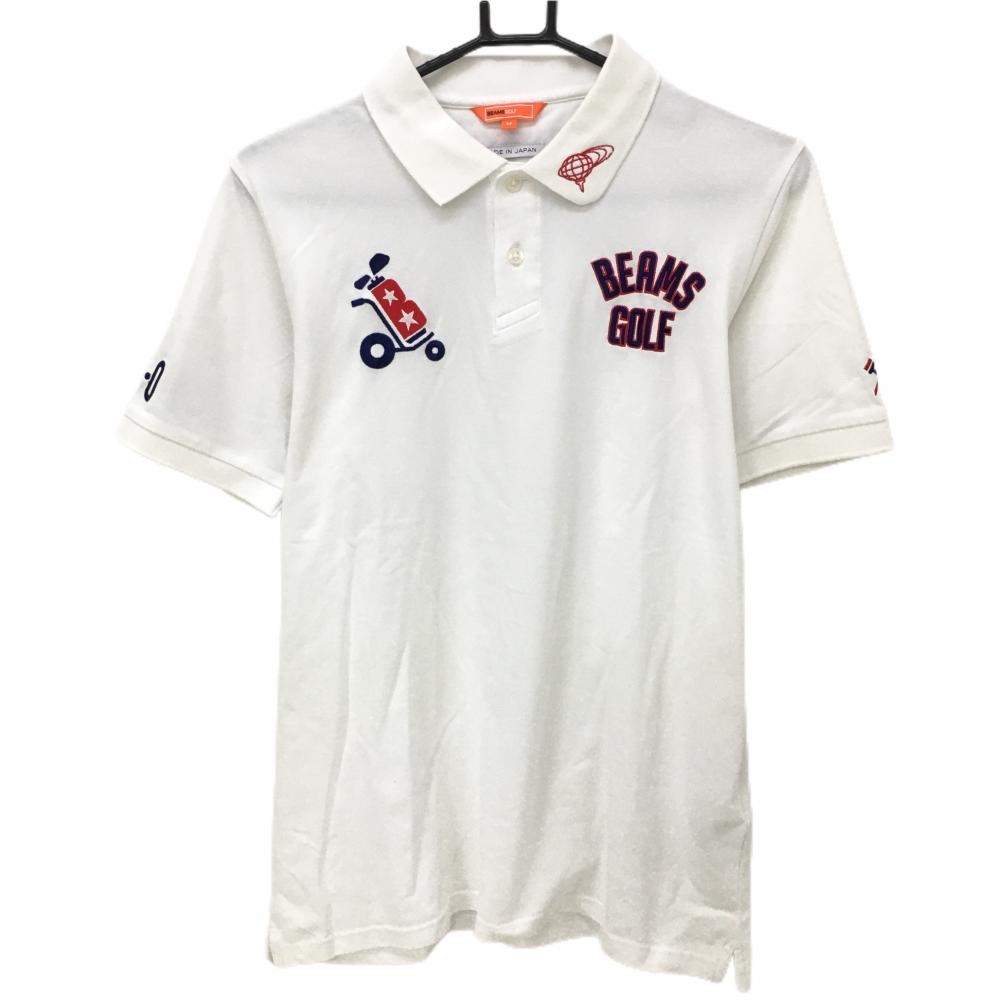【美品】ビームスゴルフ 半袖ポロシャツ 白×レッド カート刺しゅう メンズ M ゴルフウェア BEAMS GOLF