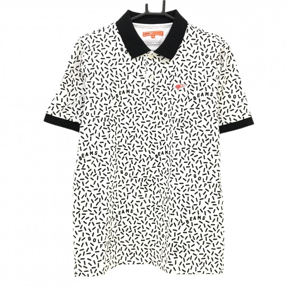 【美品】ビームスゴルフ 半袖ポロシャツ 白×黒 総柄 胸ワッペン メンズ M ゴルフウェア BEAMS GOLF