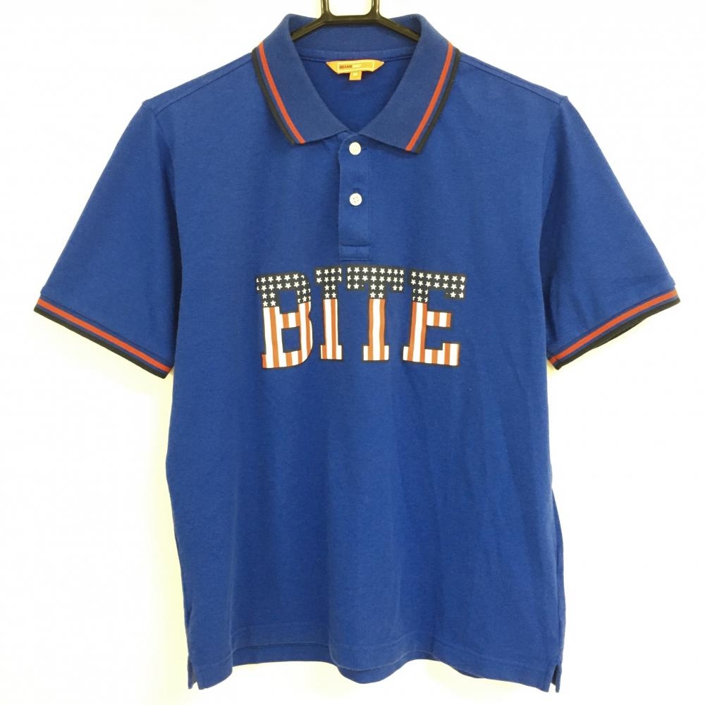 ビームスゴルフ 半袖ポロシャツ ブルー×レッド 星条旗調ロゴ メンズ M ゴルフウェア BEAMS GOLF