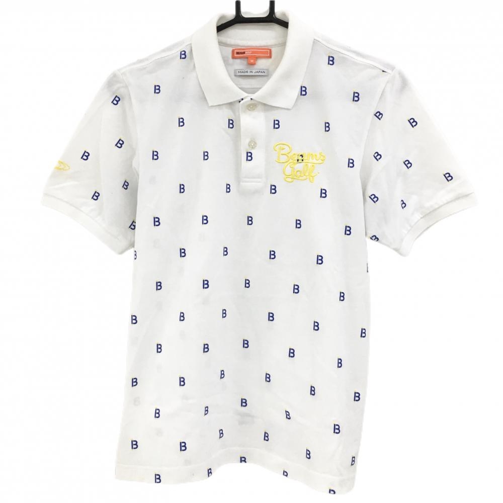 ビームスゴルフ 半袖ポロシャツ 白×ブルー 総柄 ロゴ刺しゅう メンズ M ゴルフウェア BEAMS GOLF