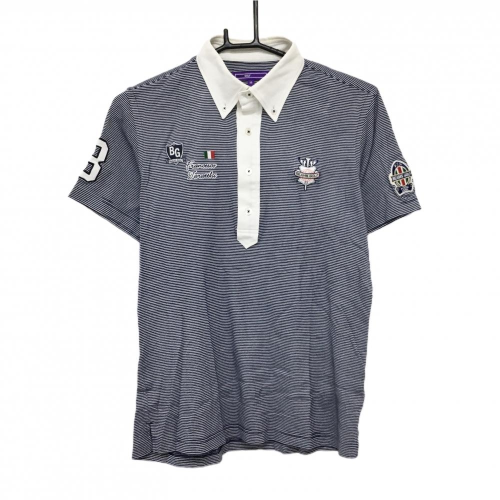ビームスゴルフ 半袖ポロシャツ 白×ネイビー ボーダー ボタンダウン メンズ M ゴルフウェア BEAMS GOLF