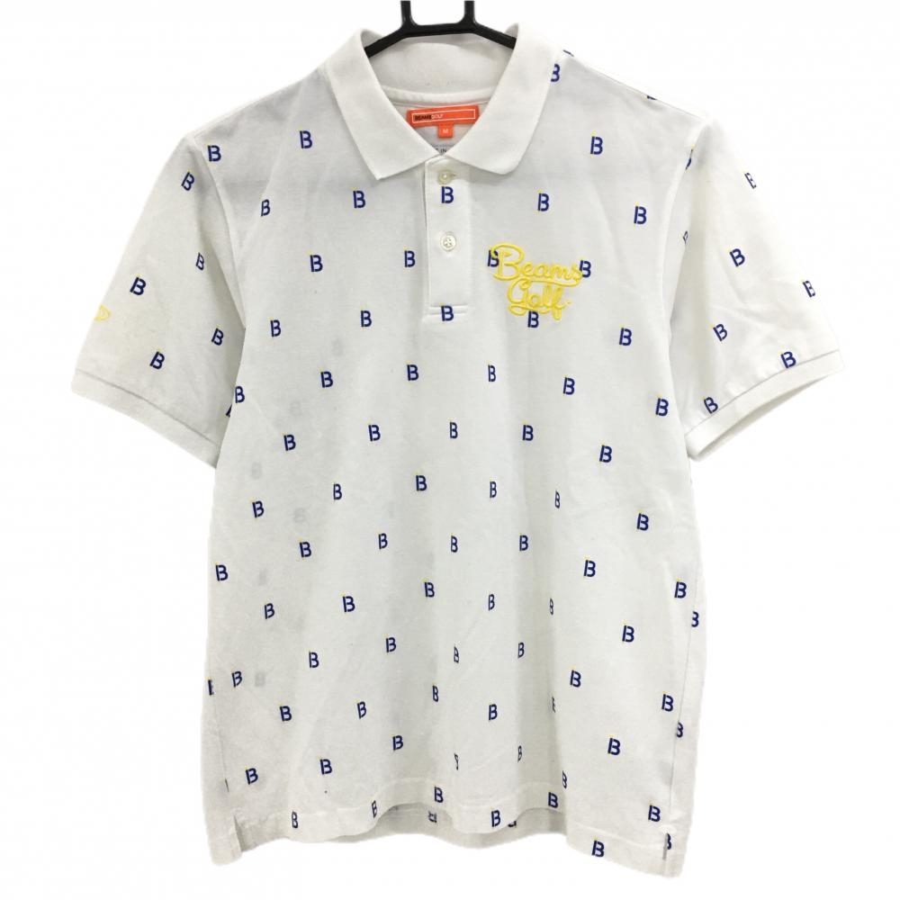 ビームスゴルフ 半袖ポロシャツ 白×ブルー ロゴ総柄 メンズ M ゴルフウェア BEAMS GOLF