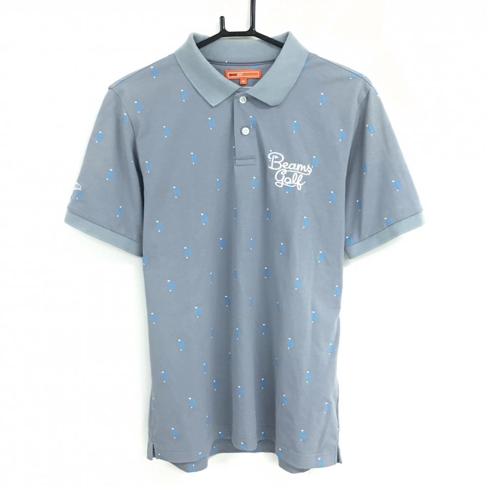 ビームスゴルフ 半袖ポロシャツ グレー×ブルー ロゴ総柄 メンズ M ゴルフウェア BEAMS GOLF
