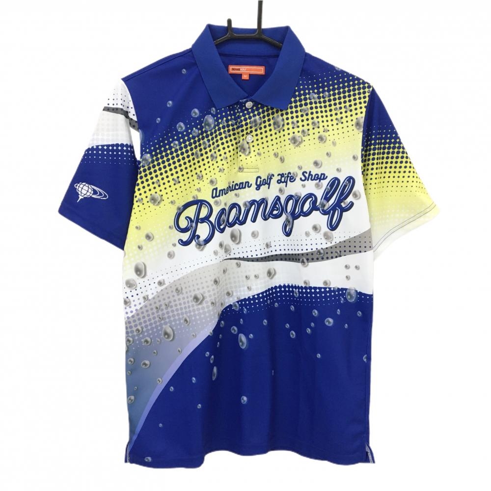 ビームスゴルフ 半袖ポロシャツ ブルー×イエロー 前面総柄  メンズ M ゴルフウェア BEAMS GOLF